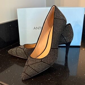 *ANTONIO MELANI Black Sueded Crystal Studded Pointed Toe Pumps Edgy Rock BOHO